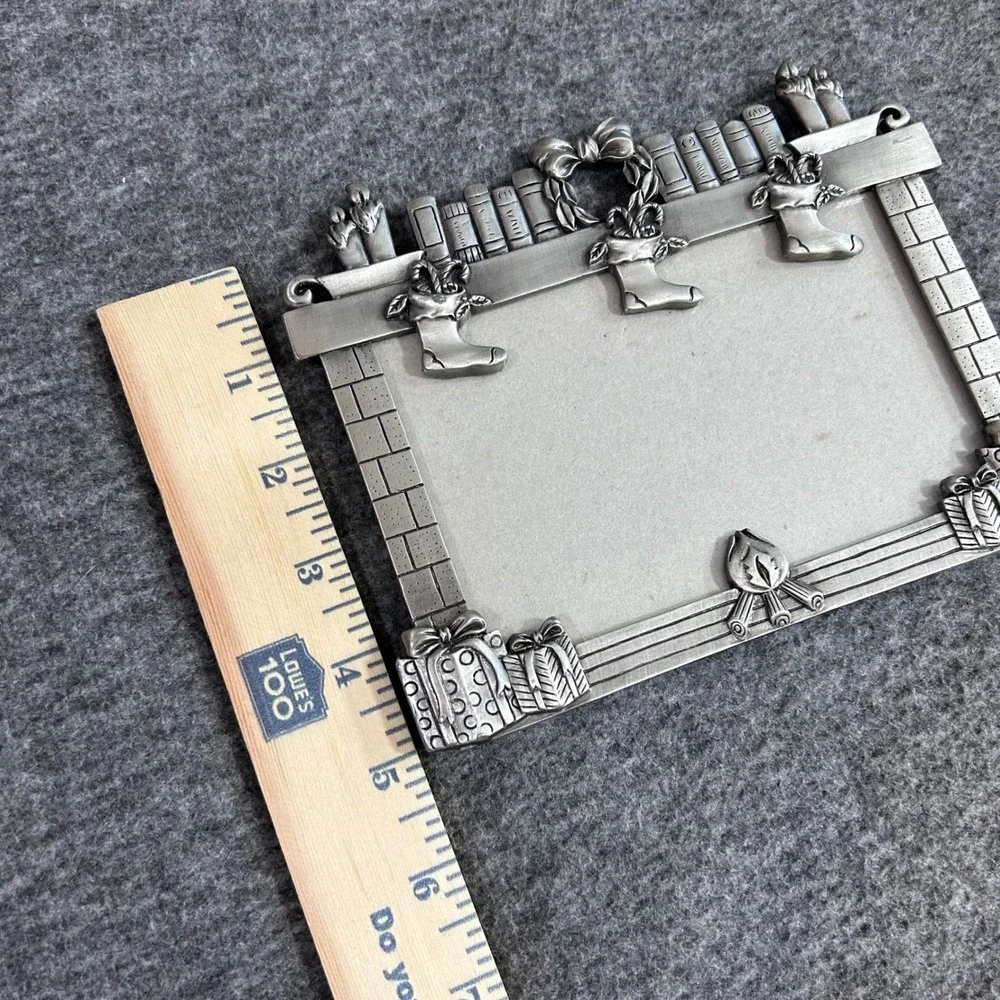 Vintage Christmas Fireplace Pewter Tone Metal Picture Frame Holiday Decor 3.5x5